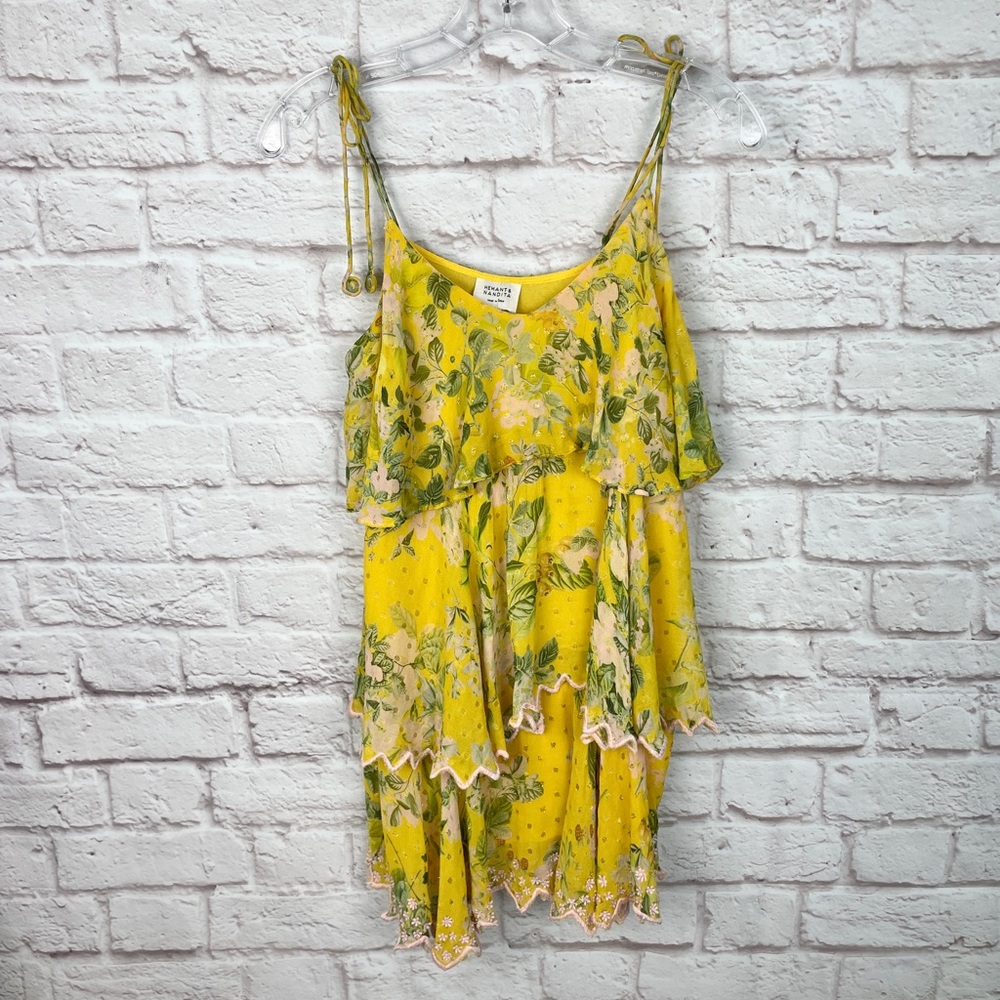 Hemant & Nandita Yellow Floral Mini Layered Tiered Flowy Dress Size S
